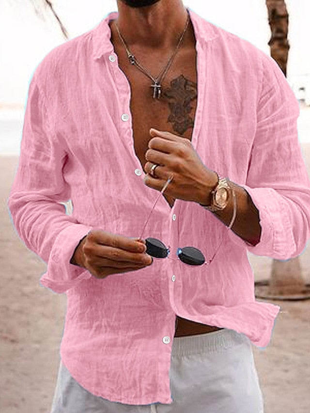 Men's Linen Shirt Casual Shirt Summer Shirt Beach Shirt Black White Pink Long Sleeve Plain Lapel Spring & Summer Hawaiian Holiday Clothing Apparel Basic