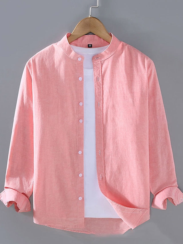 Men's Linen Shirt Summer Shirt Beach Shirt Black White Pink Long Sleeve Plain Stand Collar Spring & Summer Hawaiian Holiday Clothing Apparel Basic