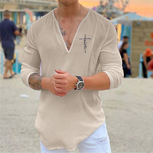 Men's Linen Shirt Shirt Summer Shirt Beach Shirt Black White Blue Long Sleeve Solid Color V Neck Spring & Summer Street Casual Clothing Apparel