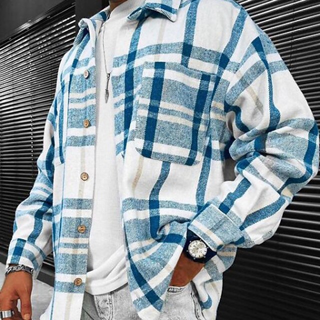 Men's Shirt Flannel Shirt Shirt Jacket Shacket Purple Blue / White Gray Long Sleeve Plaid / Check Turndown Spring &  Fall Street Daily Clothing Apparel Button-Down