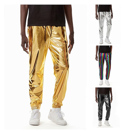 Men's Joggers Trousers Casual Pants Sequin Pants Drawstring Elastic Waist Shiny Metallic Solid Color Full Length Club Nightclub Disco Lights Casual Trousers Loose Fit Silver Black Micro-elastic