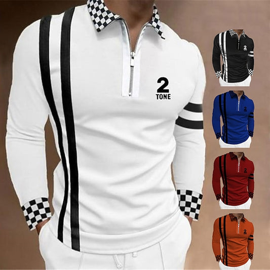 Men's Polo Shirt Golf Shirt Plaid Letter Graphic Prints Turndown Black White Yellow Light Green Red 3D Print Outdoor Street Long Sleeve Zipper Print Clothing Apparel Sports Fashion Streetwear Designer