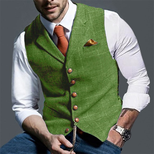 Foruwish - Men's Vest Waistcoat Daily Wear Vacation Fashion Vintage Spring &  Fall Button Polyester Comfortable Plain Single Breasted V Neck Regular Fit Deep Green Gray Green Navy Leaf Dark Gray Light Grey Vest