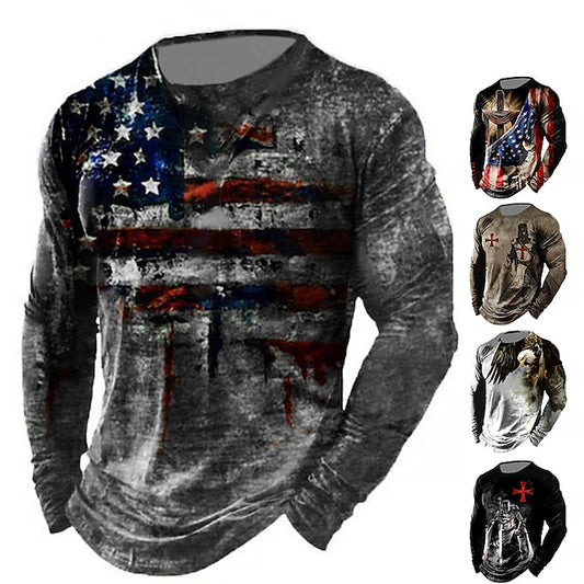 Men's T shirt Tee Distressed T Shirt Graphic Prints American Flag National Flag Crew Neck Khaki + Dark Grey Black White Black / Red Black / Brown 3D Print Outdoor Street Long Sleeve Print Clothing