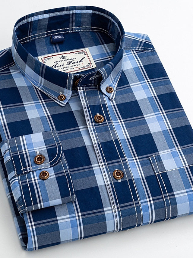 Men's Dress Shirt Plaid Shirt Button Down Shirt Collared Shirt B C D Long Sleeve Plaid / Check Turndown Spring &  Fall Wedding Work Clothing Apparel Button-Down