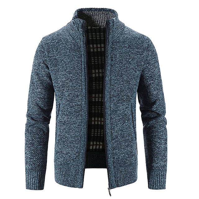 Men's Sweater Cardigan Sweater Zip Sweater Sweater Jacket Fleece Sweater Ribbed Knit Zipper Solid Color Stand Collar Casual Daily Clothing Apparel Winter Fall Black Blue XS S M