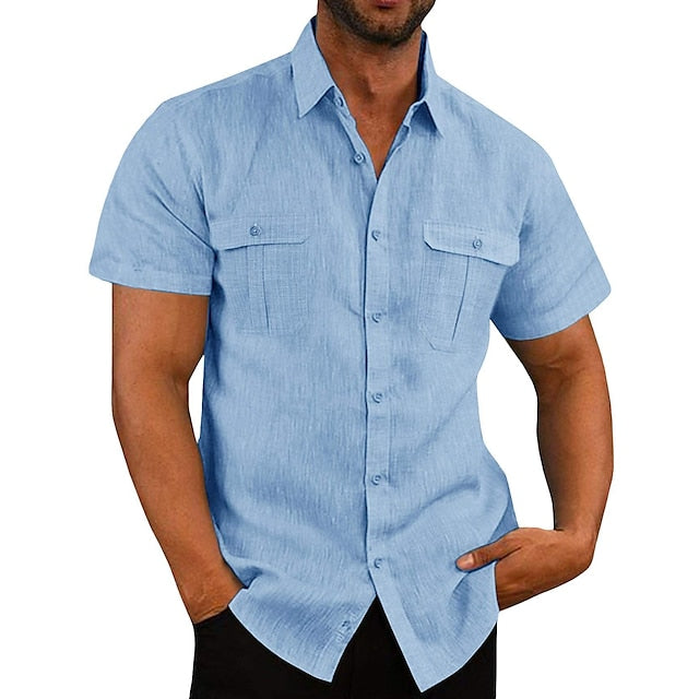 Men's Shirt Linen Shirt Summer Shirt Beach Shirt Black White Navy Blue Short Sleeve Solid Color Turndown Spring Autumn / Fall Daily Hawaiian Clothing Apparel Button-Down