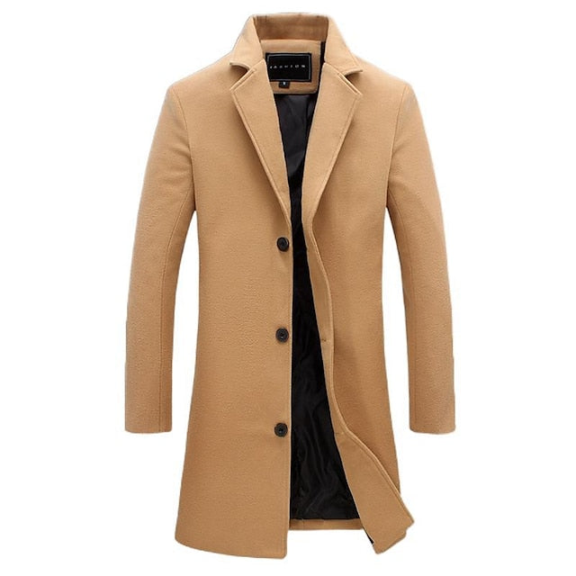 Men's Overcoat Winter Coat Business Casual Fall Wool Clothing Apparel Basic Solid Colored Stand Collar Single Breasted Outerwear