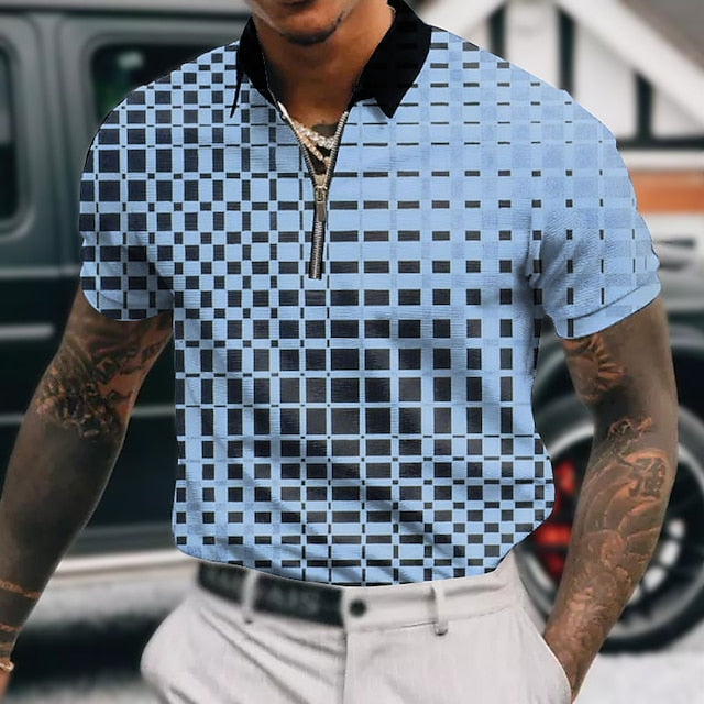 Men's Zip Polo Lapel Polo Polo Shirt Golf Shirt Graphic Prints Geometry Turndown Lake blue White Red Blue Sky Blue Outdoor Street Short Sleeves Zipper Print Clothing Apparel Fashion Designer Casual