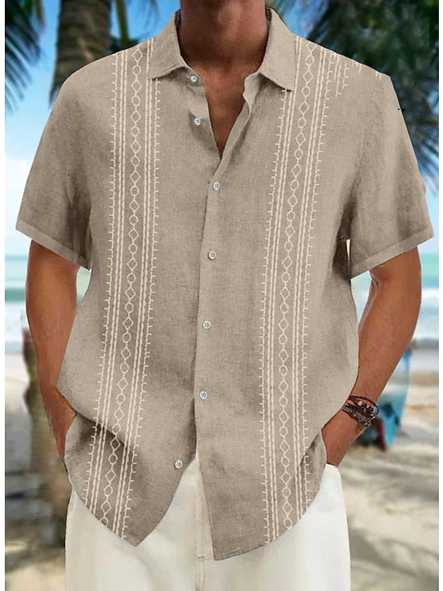 Men's Guayabera Shirt Casual Shirt Summer Shirt Beach Shirt White Blue Khaki Short Sleeve Striped Lapel Spring & Summer Hawaiian Holiday Clothing Apparel Print