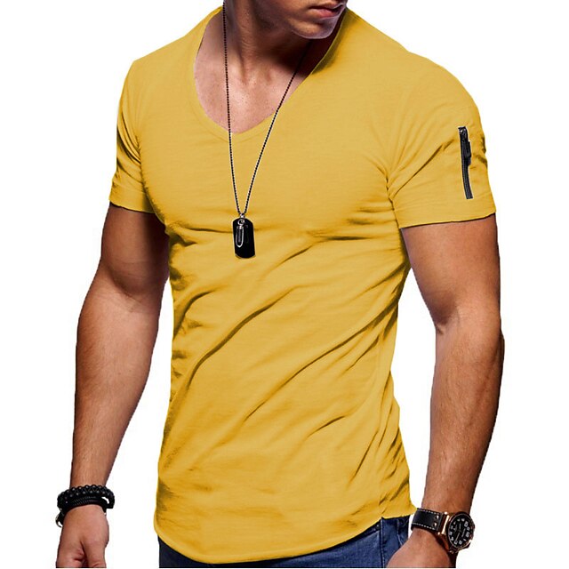 Men's T shirt Tee Tee Plain V Neck Normal Short Sleeve Zipper Clothing Apparel Muscle Esencial