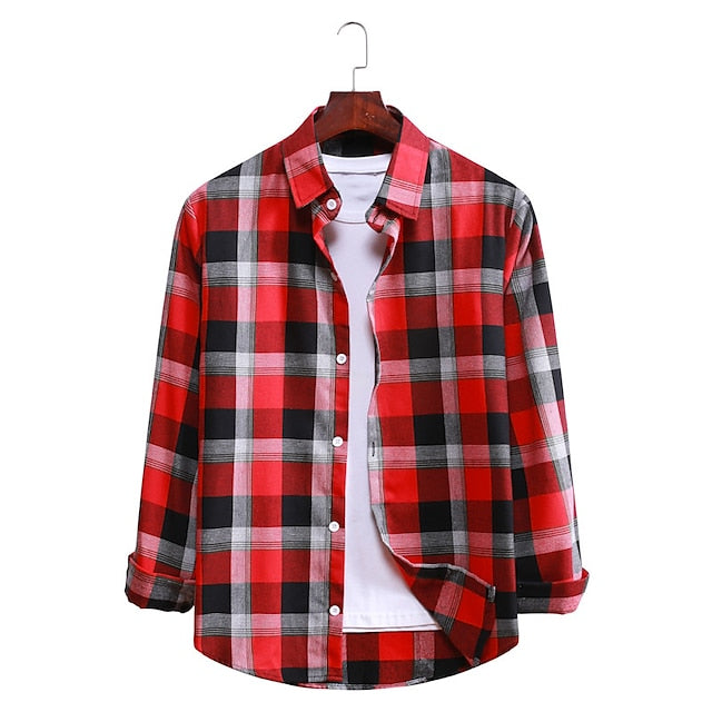 Men's Flannel Shirt Black / Red Black / Gray Black Long Sleeve Plaid / Check Turndown Spring &  Fall Street Daily Clothing Apparel Button-Down