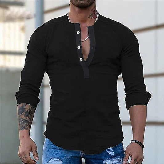 Men's Shirt Linen Shirt Summer Shirt Long Sleeve Shirt Black Red Green Long Sleeve Plain Henley Spring &  Fall Street Sports Clothing Apparel Button-Down