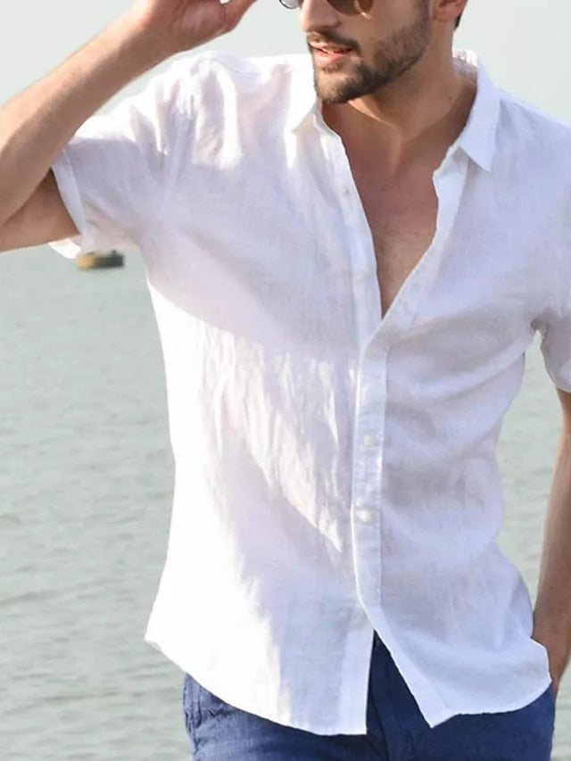 Men's Linen Shirt Shirt Summer Shirt Beach Shirt Black White Blue Short Sleeve Solid Color Collar Street Daily Clothing Apparel