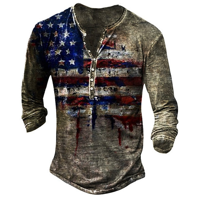 Men's T shirt Tee Henley Shirt Tee Graphic American Flag Spring &  Fall Street Casual Daily Vintage Retro Basic Henley Long Sleeve Clothing Apparel Black Yellow Red Plus Size S M L XL 2XL 3XL 4XL