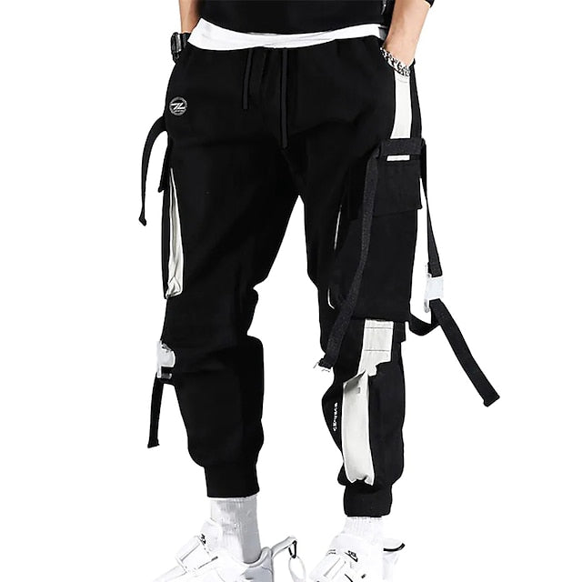 men's cargo pants joggers sweatpants Streetwear Embroidery Trousers Color Block Cotton jogging pants With Multi-pockets ribbon hiphop punk sport harem pants spring Fall