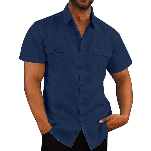 Men's Shirt Linen Shirt Summer Shirt Beach Shirt Black White Navy Blue Short Sleeve Solid Color Turndown Spring Autumn / Fall Daily Hawaiian Clothing Apparel Button-Down