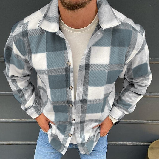 Men's Shirt Jacket Shacket Overshirt White gray Purple Gray Long Sleeve Plaid / Check Turndown Spring &  Fall Street Daily Clothing Apparel Button-Down