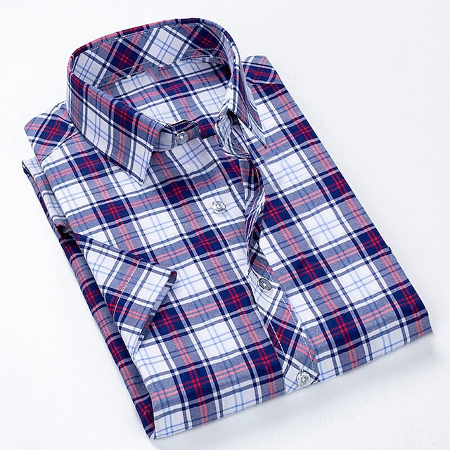 Men's Button Up Shirt Dress Shirt Plaid Shirt Collared Shirt Sea Blue Red Navy Blue Short Sleeve Plaid / Check Turndown Summer Spring Wedding Casual Clothing Apparel