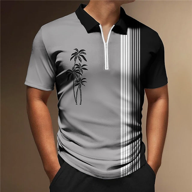 Men's Zip Polo Polo Shirt Golf Shirt Coconut Tree Striped Graphic Prints Geometry Turndown Black White Yellow Army Green Red Outdoor Street Short Sleeves Zipper Print Clothing Apparel Fashion