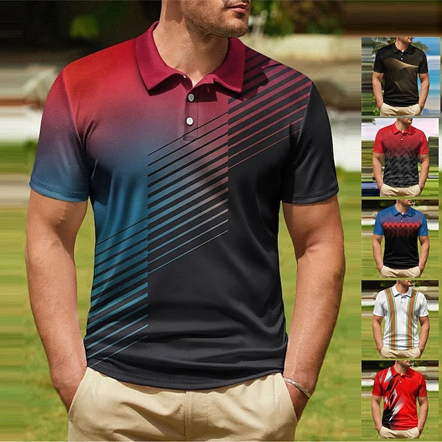 Men's Polo Shirt Golf Shirt Gradient Graphic Prints Geometry Turndown Black and Red Sea Blue Black White Yellow Outdoor Street Short Sleeves Button-Down Print Clothing Apparel Fashion Designer Casual