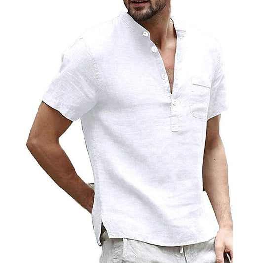 Men's Linen Shirt Summer Shirt Casual Shirt Beach Shirt Black White Light Green Short Sleeve Solid Color Henley Summer Spring Outdoor Street Clothing Apparel Button-Down