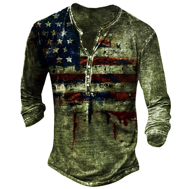 Men's T shirt Tee Henley Shirt Tee Graphic American Flag Spring &  Fall Street Casual Daily Vintage Retro Basic Henley Long Sleeve Clothing Apparel Black Yellow Red Plus Size S M L XL 2XL 3XL 4XL