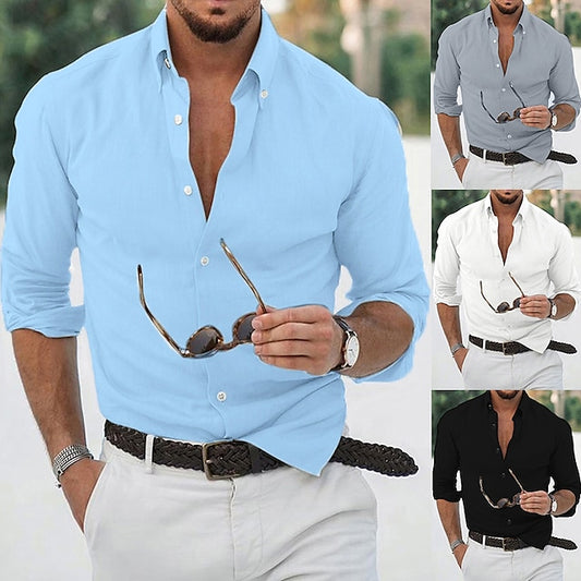 Men's Linen Shirt Shirt Summer Shirt Beach Shirt Black White Blue Long Sleeve Solid Color Turndown Summer Spring Outdoor Street Clothing Apparel Button-Down