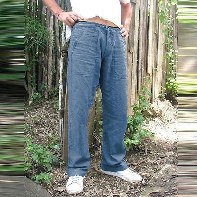 Men's Linen Pants Trousers Summer Pants Beach Pants Pocket Drawstring Elastic Drawstring Design Plain Breathable Lightweight Full Length Gym Yoga Linen / Cotton Blend Fashion Streetwear Light Gray