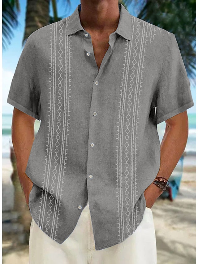 Men's Guayabera Shirt Casual Shirt Summer Shirt Beach Shirt White Blue Khaki Short Sleeve Striped Lapel Spring & Summer Hawaiian Holiday Clothing Apparel Print