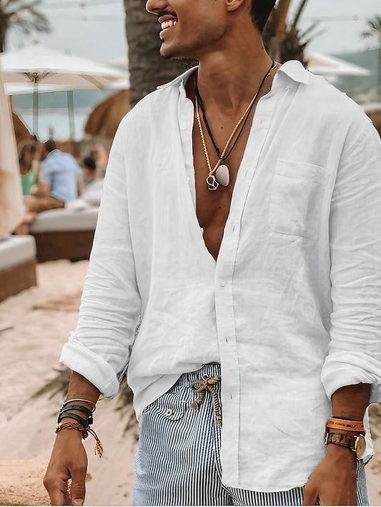 Men's Linen Shirt Shirt Summer Shirt Tee Beach Shirt White Blue Green Long Sleeve Solid Color Collar All Seasons Street Daily Clothing Apparel