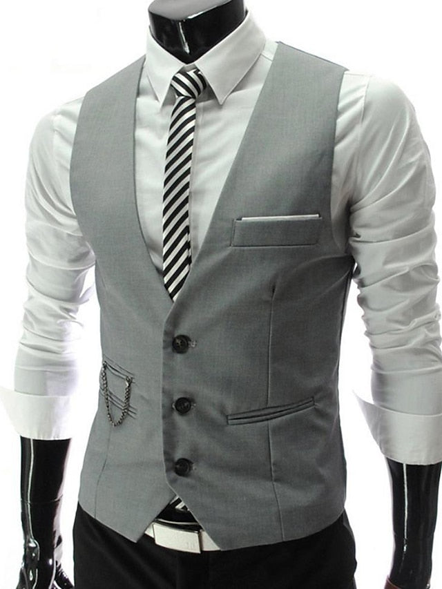 Men's Suit Vest Waistcoat Formal Wedding Fashion 1920s All Seasons Polyester Solid Colored V Neck Slim Wine Black White Navy Blue Gray Vest