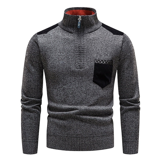 Men's Pullover Sweater Jumper Fleece Sweater Ribbed Knit Zipper Knitted Color Block Half Zip Basic Keep Warm Work Daily Wear Clothing Apparel Fall & Winter Blue Red & White M L XL