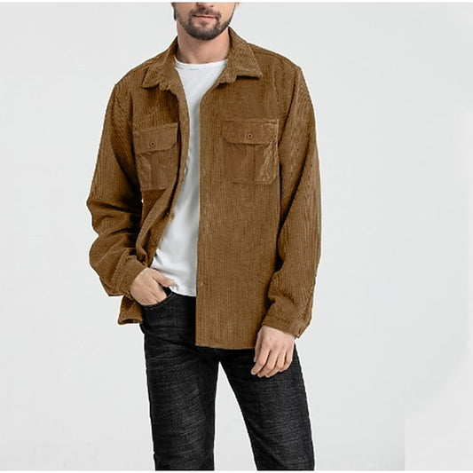 Men's Corduroy Shirt Shirt Jacket Shacket Overshirt Yellow Blue Gray Long Sleeve Plain Turndown Fall Winter Street Daily Clothing Apparel Button-Down