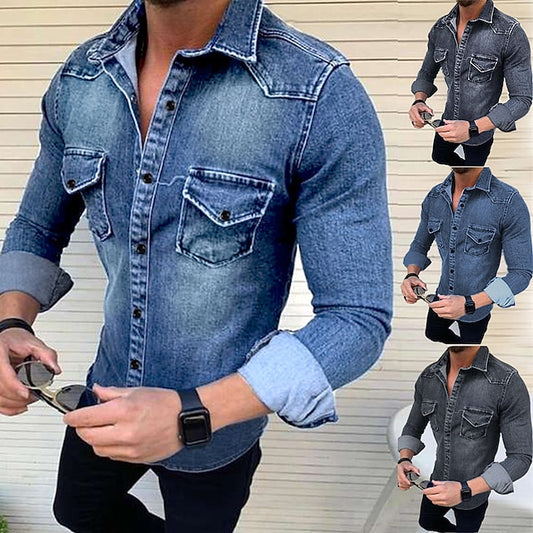 Men's Denim Shirt Black Royal Blue Blue Long Sleeve Solid Color Collar Spring &  Fall Street Daily Clothing Apparel Button-Down