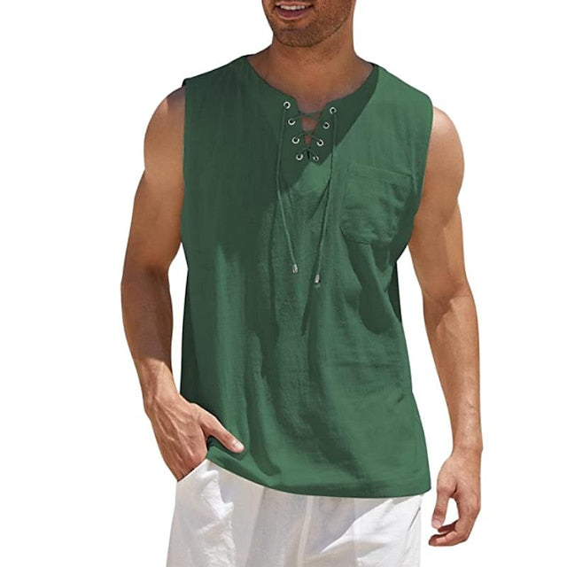 Men's Linen Shirt Summer Shirt Tank Top Beach Shirt White Dark Green Camel Solid Color Collarless Casual Daily Clothing Apparel