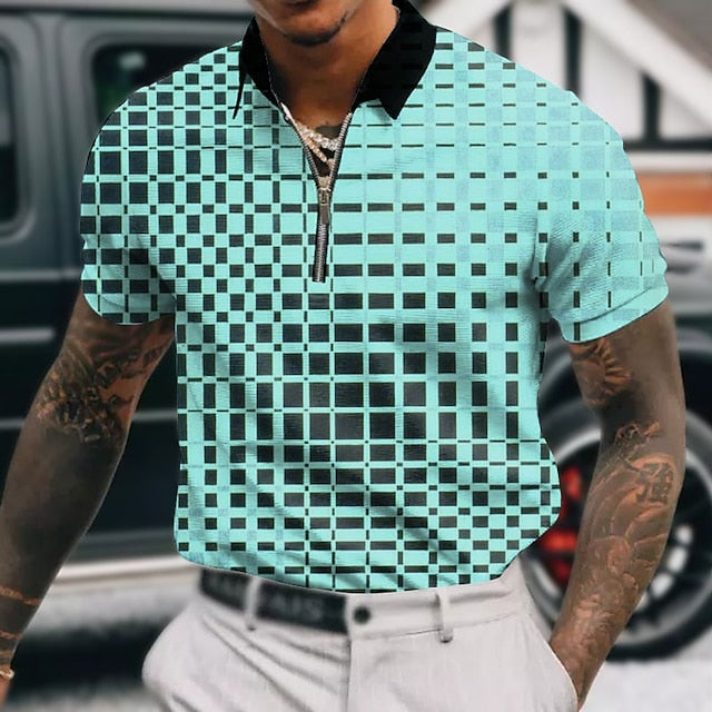 Men's Zip Polo Lapel Polo Polo Shirt Golf Shirt Graphic Prints Geometry Turndown Lake blue White Red Blue Sky Blue Outdoor Street Short Sleeves Zipper Print Clothing Apparel Fashion Designer Casual