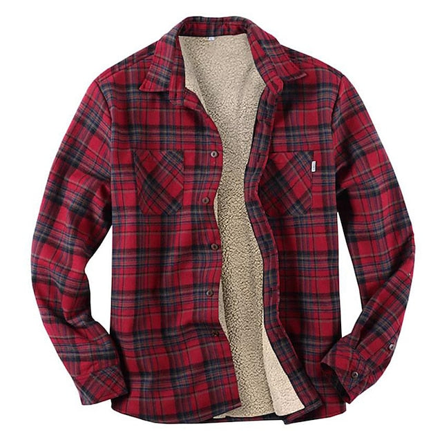 Men's Winter Jacket Shirt Jacket Winter Coat Sherpa jacket Casual Warm Winter Plaid / Check Red Jacket