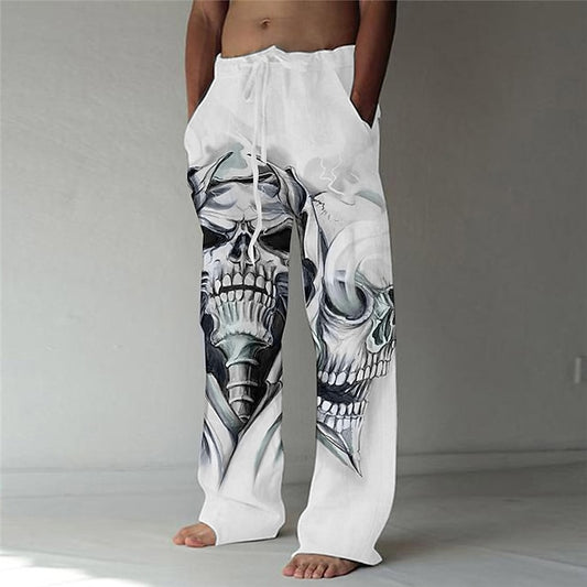 Foruwish - Men's Trousers Beach Pants Straight Elastic Drawstring Design Front Pocket Straight Leg Skull Graphic Prints Comfort Soft Casual Daily Fashion Big and Tall White Green