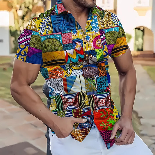 Men's Shirt Color Block Graphic Prints Geometry Turndown Yellow Green Outdoor Street Short Sleeves Print Clothing Apparel Fashion Streetwear Designer Casual