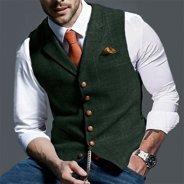 Foruwish - Men's Vest Waistcoat Daily Wear Vacation Fashion Vintage Spring &  Fall Button Polyester Comfortable Plain Single Breasted V Neck Regular Fit Deep Green Gray Green Navy Leaf Dark Gray Light Grey Vest