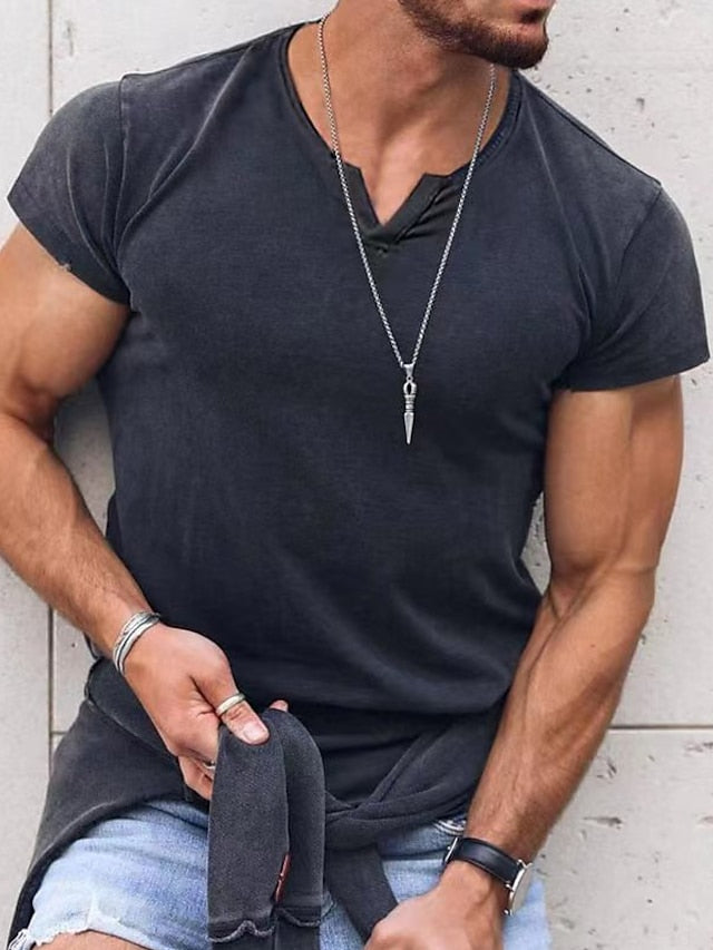 Men's T shirt Tee Plain V Neck Vacation Going out Short Sleeves Clothing Apparel Streetwear Stylish Modern Style