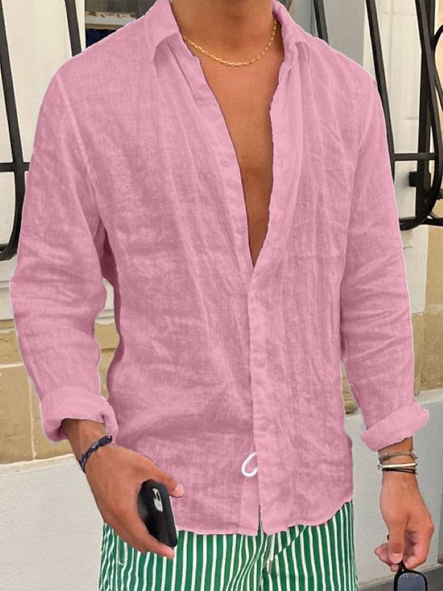 Men's Shirt Linen Shirt Summer Shirt Beach Shirt White Pink Blue Long Sleeve Plain Lapel Spring & Summer Casual Daily Clothing Apparel